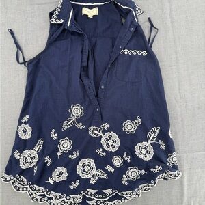 Anthropologie Moulinette Soeurs‎ Navy Button Front Embroidered Blouse Top Size 0